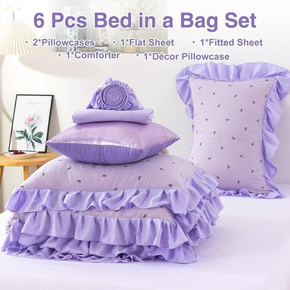 A Nice Night Delicate Bows Print On Purple Background Bedding Set,Ruffle 6 Piece Bed in a Bag Matching Sheet Set,Princess Style Chic Bowknot Printed,Full