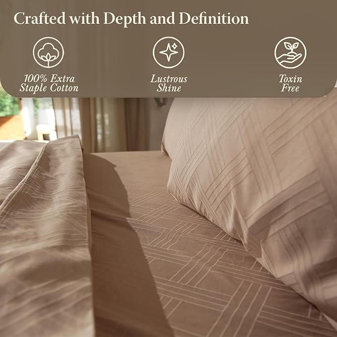 Threadmill Twin Sheets for Twin Mattress | 800 Thread Count Jacquard Celine Light Beige Sheets | 100% Cotton 3 Piece Bed Sheets | Extra Long Staple Cotton | Cotton Sheet with Elasticized Deep Pocket
