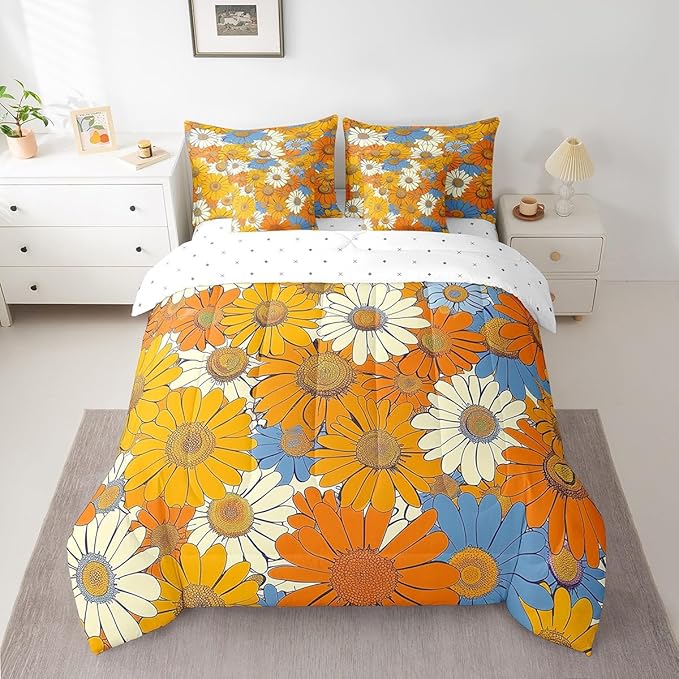 70s Groovy Flowers Comforter Set 7 Pieces,Hippie Retro Daisy Bed Set,Watercolor Farmhouse Style Bedding Bed in a Bag,Twin (1 Comforter,2 Pillowcase,2 Pillow Covers,1 Flat Sheet,1 Fitted Sheet)