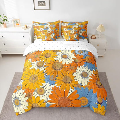 70s Groovy Flowers Comforter Set 7 Pieces,Hippie Retro Daisy Bed Set,Watercolor Farmhouse Style Bedding Bed in a Bag,Twin (1 Comforter,2 Pillowcase,2 Pillow Covers,1 Flat Sheet,1 Fitted Sheet)