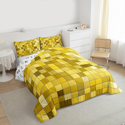 Pixelated Miners Game Kids Bedding Set King Size,Video Games Gamepad Gaming Comforter Set,Geometric Square Quilt Comforter,Yellow Bedroom Duvet Insert,2 Pillowcases