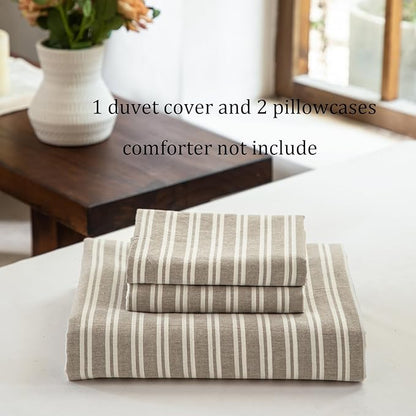 Luxury 100% Washed Cotton Linen Like Duvet Cover Set,3 Pcs Striped Trendy Bedding with Zipper Closure(Linen Grey,Full)