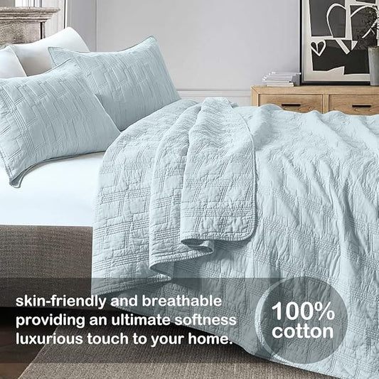 HORIMOTE HOME 100% Cotton Quilt Set King Size, Baby Blue Pre-Washed 3-Piece Bedspread Coverlet Set, Cozy Lightweight Stitching Bedding Cover with 2 Shams in Geometric Pattern for All Season