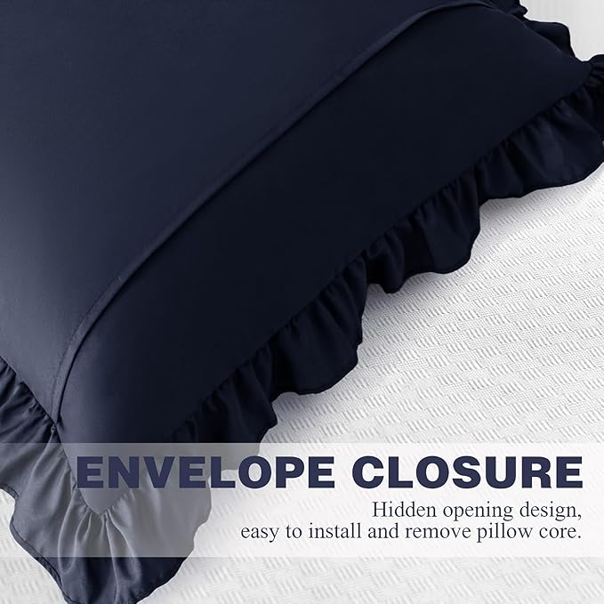KKJIAF Ruffle Pillow Cases 18x18 Inches, Navy Blue Square Ruffled Pillow Covers Set of 2, Microfiber Wrinkle Resistant Pillow Shams with Envelope Closure for Sofa Bed Living Room