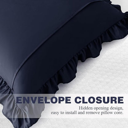 KKJIAF Ruffle Pillow Cases 18x18 Inches, Navy Blue Square Ruffled Pillow Covers Set of 2, Microfiber Wrinkle Resistant Pillow Shams with Envelope Closure for Sofa Bed Living Room
