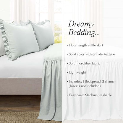 Lush Decor Ruffle Skirt Bedspread Set - 3-Piece Luxurious Farmhouse Bedding - Elegant Ruffle Detail - Timeless Style - Soft Lightweight Sheets - Queen, Sea Salt