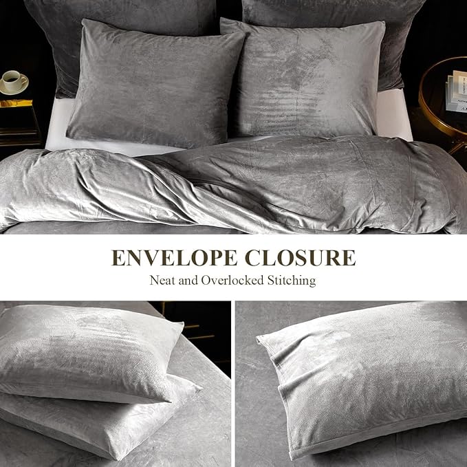 Ivellow Velvet Duvet Cover Queen Set - Smoky Gray Velvet Comforter Cover 3Pcs Ultra Soft Duvet Breathable Solid Luxury Flannel Velour Zipper Closure Corner Tie