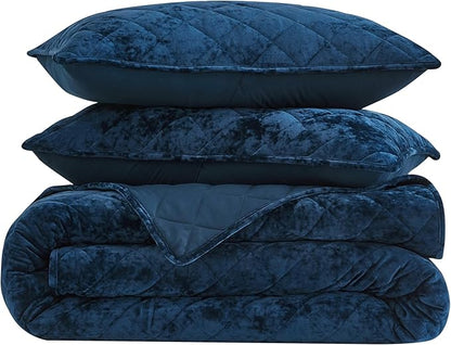 Chezmoi Collection Lux Navy Blue Velvet Quilt King Set, 3-Piece Plush Distressed Velvet Bedding All Season Lightweight Comforter Brushed Microfiber Reverse with Diamond Stitch Quilting