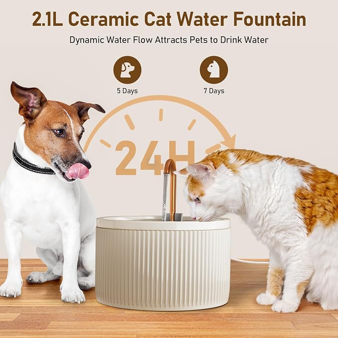 DOOOB Ceramic Cat Water Fountain 2.1L/71oz Ceramic Cat Fountains | Automatic Pet Water Fountain for Cats Pet Water Fountain with Ultra-Quiet Pump and 3 Filters & 3 Sponges (Beige)