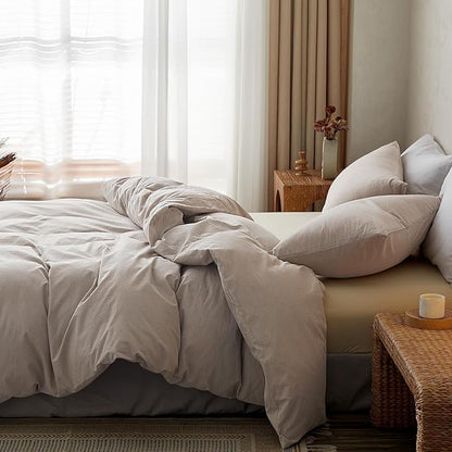 TOCOMOA Duvet Cover Set 100% Washed Cotton Linen Feel Soft Comfy Breathable 3 Piece Comforter Covers Bedding Set (Queen, Heathered Linen Grey)