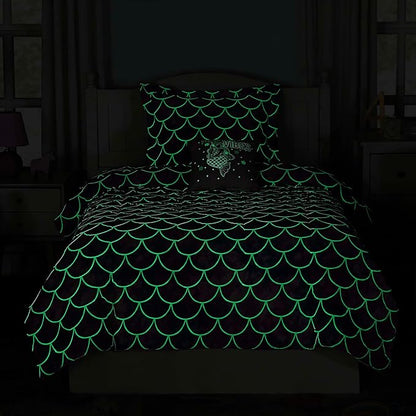 Twin Comforter Set for Girls-3 Pieces Mermaid Glow in the Dark Twin Bedding Sets for Kids,1 Comforter,1 Sham and 1 Decor Pillow