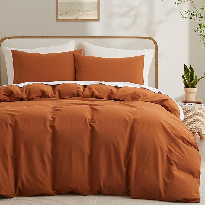Burnt Orange Duvet Cover Full Size, 100% Washed Cotton Linen Like Bedding Set with Zipper Closure (No Comforter), 80x90 Inches
