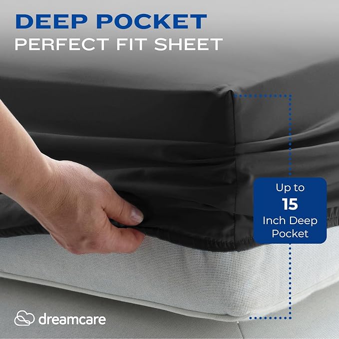 DREAMCARE Twin XL Sheet Set - Cooling Bed Sheets - 4pc Set - Up to 15" Deep Pocket Sheets - Soft & Long Lasting 100% Fine Brushed Polyester with Side Pocket - Gray
