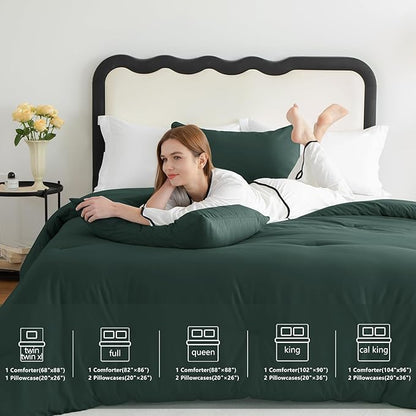 CozyLux King Size Comforter Set Forest Green, 3 Pieces Solid Comforters King Size Breathable Quilted Bedding Sets, Luxury Soft Lightweight Bed Set with Down Alternative Comforter and 2 Pillowcases