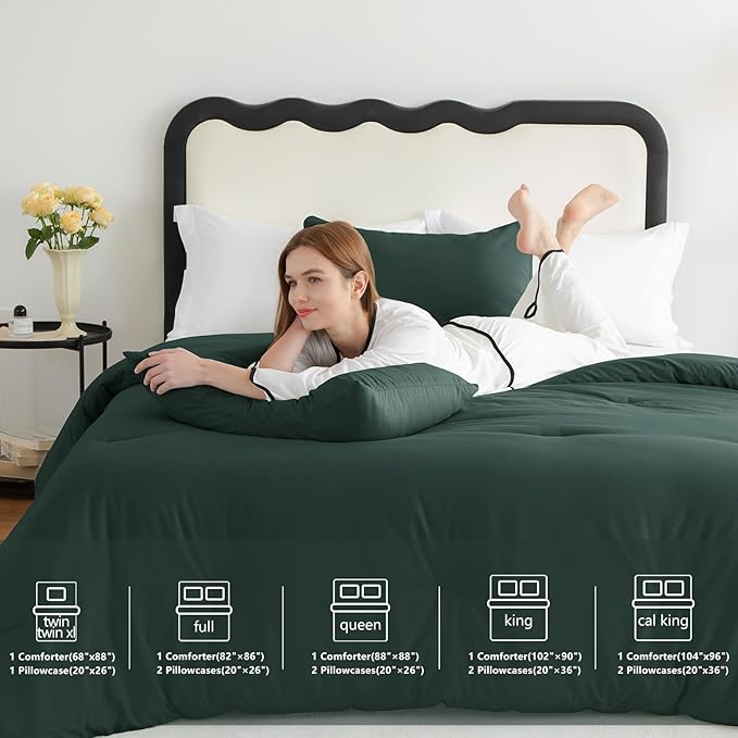 CozyLux Twin/Twin XL Comforter Set Forest Green, 2 Pieces Twin Extra Long Solid Breathable Bedding Sets College Dorm, Luxury Soft Bed Set with Down Alternative Comforter and 1 Pillowcase All Seasons