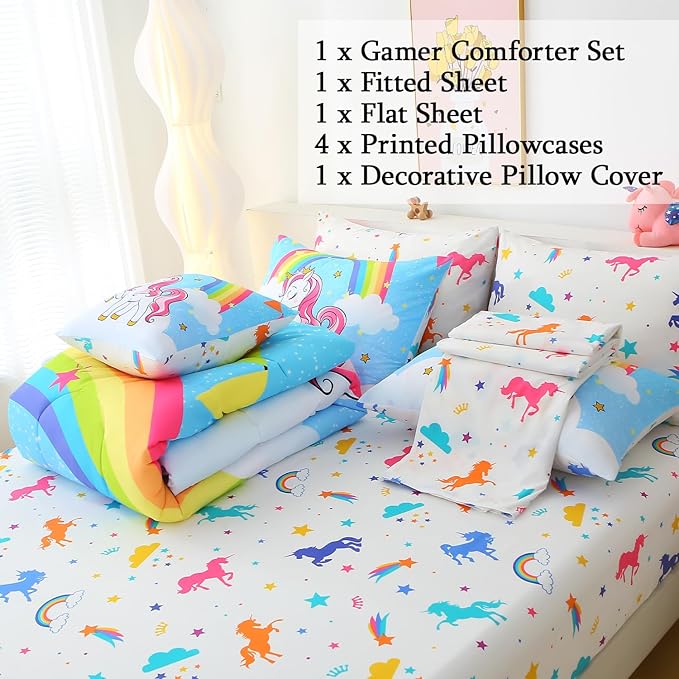 JQinHome Unicorn Full Bedding Sets for Girls Kids,8 Piece Bed in A Bag 3D Blue Sky Rainbow Clouds Theme Unicorn Comforter Set with Sheet Set(Blue)