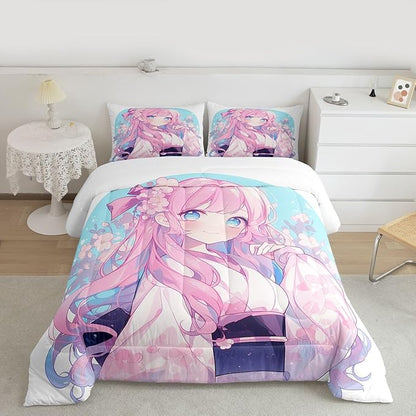 Erosebridal Girls Bedding Japanese Style Comforter Set Queen, 3D Anime Girl Duvet Insert Cartoon Kawaii Kimono Girl Bedding Comforter Sets Romantic Gifts for Her