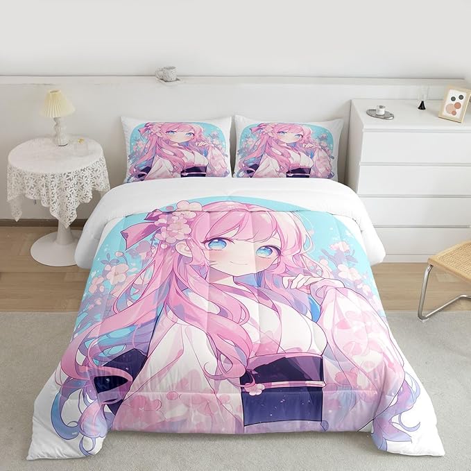 Erosebridal Girls Bedding Japanese Style Comforter Set Full, 3D Anime Girl Duvet Insert Cartoon Kawaii Kimono Girl Bedding Comforter Sets Romantic Gifts for Her