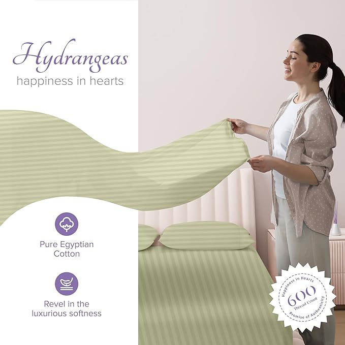 Carressa Linen 100% Egyptian Cotton King Size Sheet Set - Striped 600 Thread Count Egyptian Cotton Sheets King Size (Sage Green), Silky Soft, Cooling, Sateen Weave 16" Deep Pocket Damask Hotel Sheet