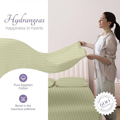 Carressa Linen 100% Egyptian Cotton King Size Sheet Set - Striped 600 Thread Count Egyptian Cotton Sheets King Size (Sage Green), Silky Soft, Cooling, Sateen Weave 16" Deep Pocket Damask Hotel Sheet