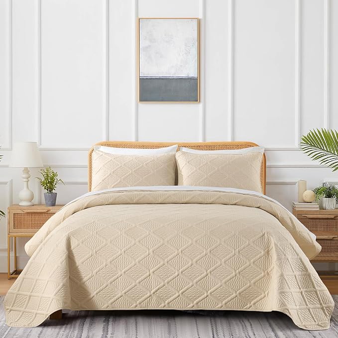 Yiran Camel Quilt Set King Size, 3 Piece Reversible Bedspreads Bedding Set, Fall Diamond Pattern Coverlet for All Season with 2 Pillow Shams (King, 106x96 Inch)