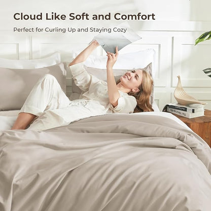 Litanika Comforters Oatmeal Oversized Queen Size, 3 Pieces Lightweight Solid Bedding Comforter Set, All Season Fluffy Bed Set (98x98In Comforter & 2 Pillowcases)