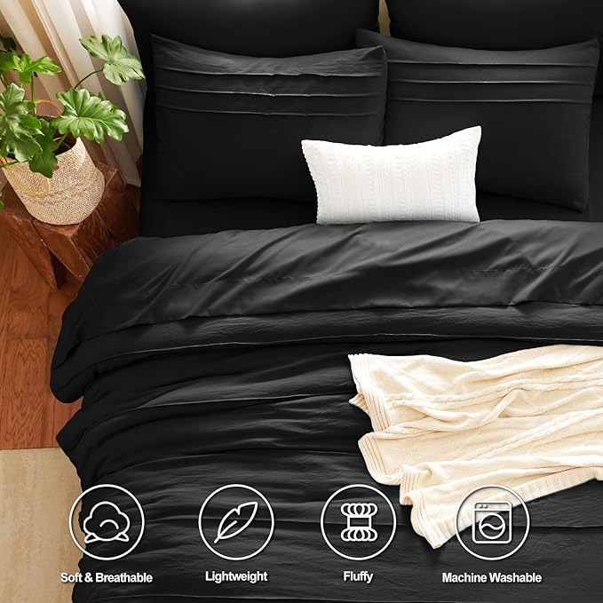 CozyLux Queen Comforter Set Black, 7 Pieces Soft Pinch Pleat Bed in a Bag Queen Comforter Set with Sheets, Boho Bed Set with Down Alternative Comforter, Sheets, Pillowcases & Shams