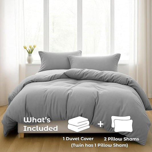 Pure Bedding Duvet Cover Twin/Twin XL Size - 2 Pieces Extra Soft Bedding Set, Includes 1 Twin Duvet Cover 68x90 Inches with Zipper Closure & 1 Pillow Sham, Comforter Not Included, Light Grey