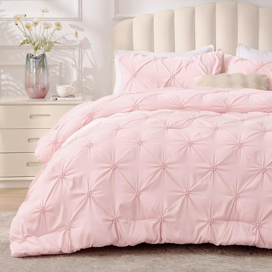 BEDELITE Baby Pink Comforter Set Full - 3 Peices Boho Pintuck Bedding Comforter Sets, Lightweight Soft & Warm Twin Bedding Sets with 2 Pillowcase for All Season