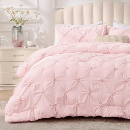BEDELITE Baby Pink King Size Comforter Set - 3 Pieces Boho Pintuck Bedding Comforter Sets, Lightweight Soft & Warm King Bedding Set with 2 Pillowcases for All Season