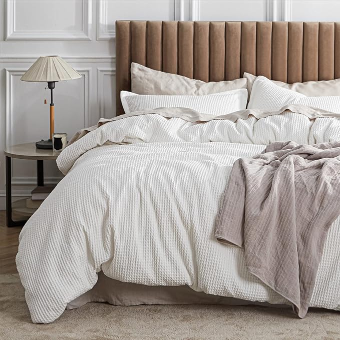 Bedsure Cotton Duvet Cover Set - 100% Cotton Waffle Weave Coconut White Duvet Cover California King Size, GentleSoft™ and Breathable Cal King Bedding Set for All Season, 3 Pieces, 104"x98"