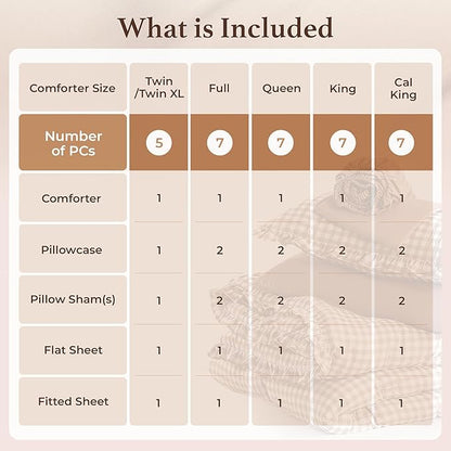 BDEUS 7 Pieces Gingham Ruffle Comforter Set Queen Size, Brown Grid Tartan Bedding Set, Soft Breathable Fabric Comforter with Flat Sheet, Fitted Sheet, 2 Pillowcases & 2 Shams, 88"X88"