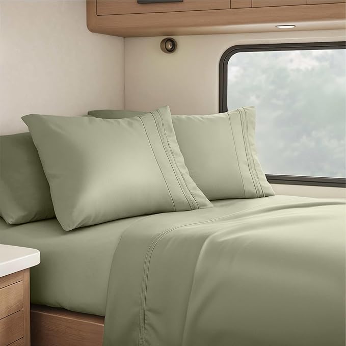 Clara Clark RV Queen Sheets, 6 Piece RV Sheets Set - Hotel Luxury Sheets for RV Bunks, Super Soft Bedding Set, Short Queen,Sage Green