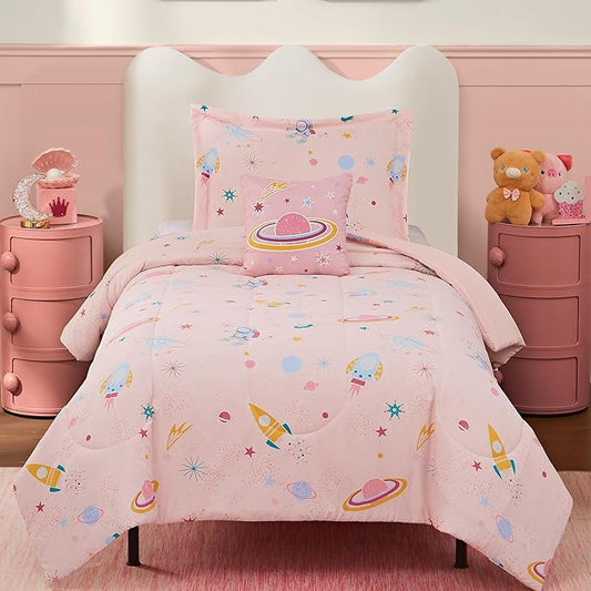 Twin Comforter Set for Girls-3 Pieces Space Glow in the Dark Twin Bedding Sets for Kids,1 Comforter,1 Sham and 1 Decor Pillow