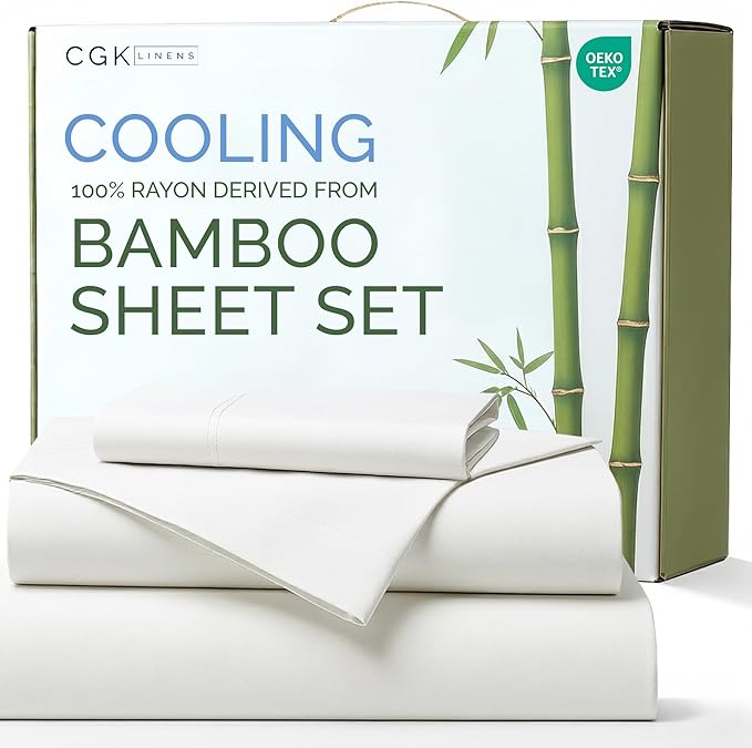 100% Rayon Derived From Bamboo - Bamboo Sheets Twin XL Size - Cooling Sheets for Twin XL - Soft, Breathable & Hotel Luxury Bedding - 1 Flat & 1 Fitted & 1 Pillowcase w/ 16 Inch Deep Pockets - White
