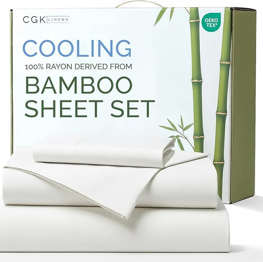 100% Rayon Derived From Bamboo - Bamboo Sheets Twin XL Size - Cooling Sheets for Twin XL - Soft, Breathable & Hotel Luxury Bedding - 1 Flat & 1 Fitted & 1 Pillowcase w/ 16 Inch Deep Pockets - White