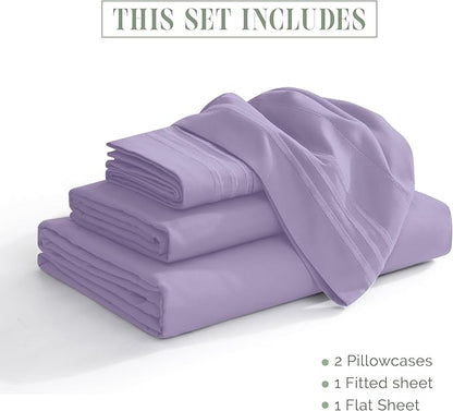 Elegant Comfort Luxurious 1500 Premium Hotel Quality Microfiber Three Line Embroidered Softest 4-Piece Bed Sheet Set, Wrinkle and Fade Resistant, King, Lavender
