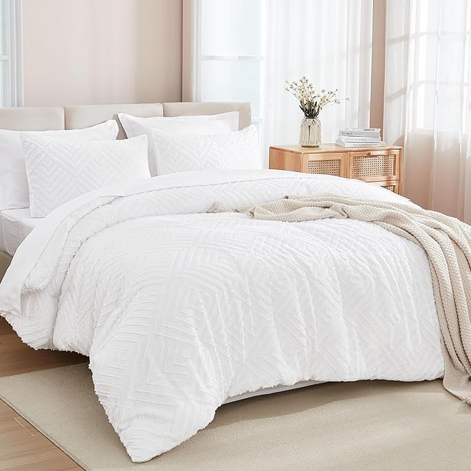 Andency White Comforter King Size Set with Sheets - 7 Pieces Boho Bed in a Bag Tufted Bedding Sets Lightweight All Season Bed Set with Comforter, Sheets, Pillowcases & Shams