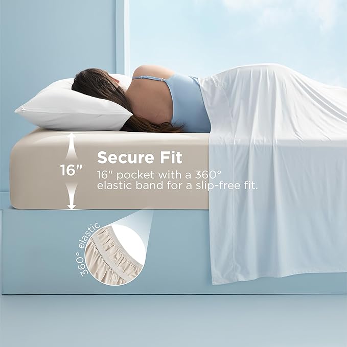 Bedsure Cooling Fitted Sheet King Size for Hot Sleeper, King Fitted Sheet Only with 360° Elastic Band, Q-Max 0.4, Temperature Regulation Bedding for Night Sweats, 16" Deep (up to 18"), Beige