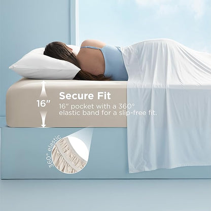 Bedsure Cooling Fitted Sheet King Size for Hot Sleeper, King Fitted Sheet Only with 360° Elastic Band, Q-Max 0.4, Temperature Regulation Bedding for Night Sweats, 16" Deep (up to 18"), Beige
