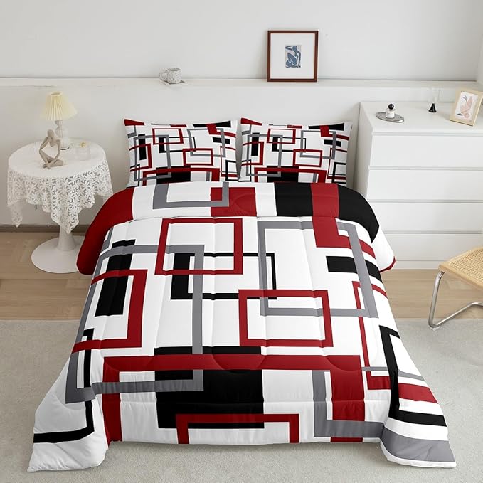 Erosebridal Square Comforter Set for Teens Youth,Black White Red Bedding Set,Geometric Quilt Set Modern Bedroom Decor,Mid Century Grid Duvet Insert with 1 Pillowcase All Season,Twin