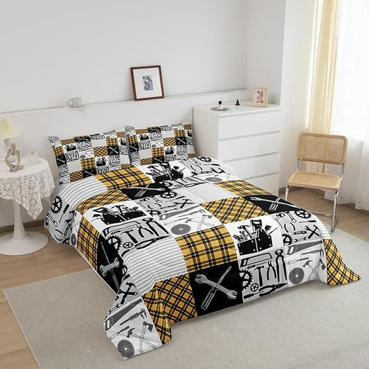 Kids Boys Car Comforter Set Wrench Repair Outfit Bedding Set Farmhouse Gingham Check Bedding Home Decor Yellow Gray Comforter King Size 3 Pieces Quilted Duvet Set with 2 Pillowcase