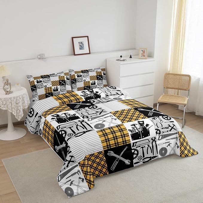 Kids Boys Car Comforter Set Wrench Repair Outfit Bedding Set Farmhouse Gingham Check Bedding Home Decor Yellow Gray Comforter Queen Size 3 Pieces Quilted Duvet Set with 2 Pillowcase