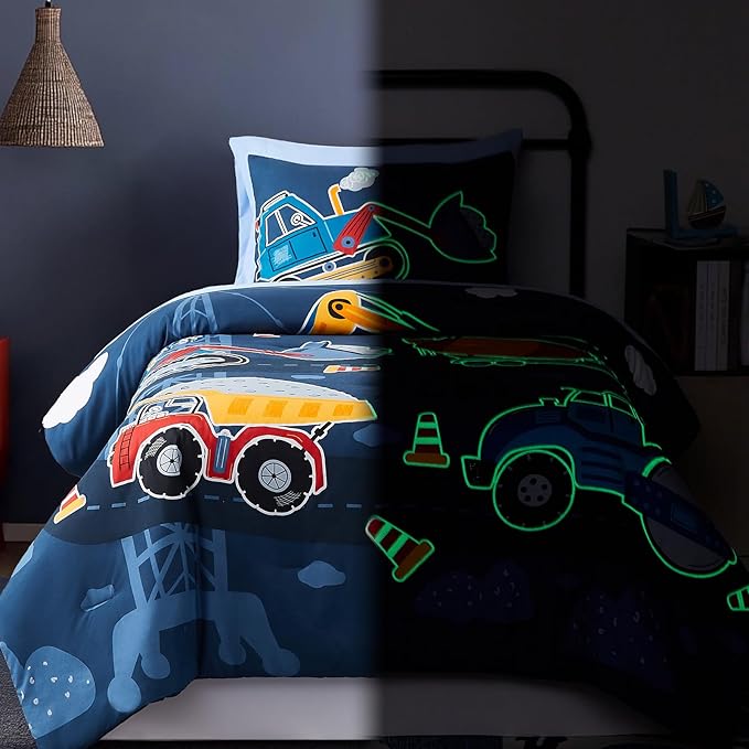 Twin Comforter Set for Boys-5 Pieces Truck Tractor Excavator Glow in the Dark Twin Bedding Sets for Kids, Ultra Soft Bed in A Bag with Sheets