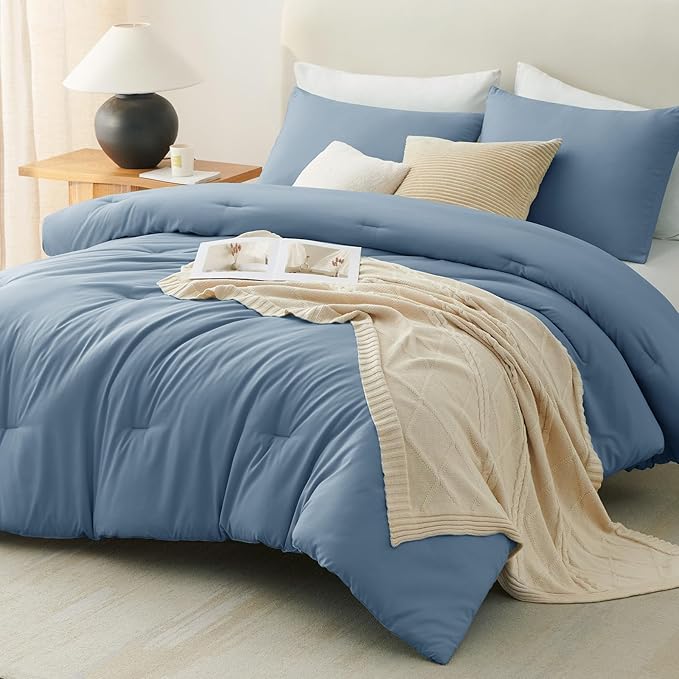 CozyLux Oversized Queen Comforter Set Grayish Blue, 3 Pieces 98x98 Solid Breathable Bedding Set All Season, Dusty Blue Luxury Soft Lightweight Bed Set with Down Alternative Comforter and 2 Pillowcases