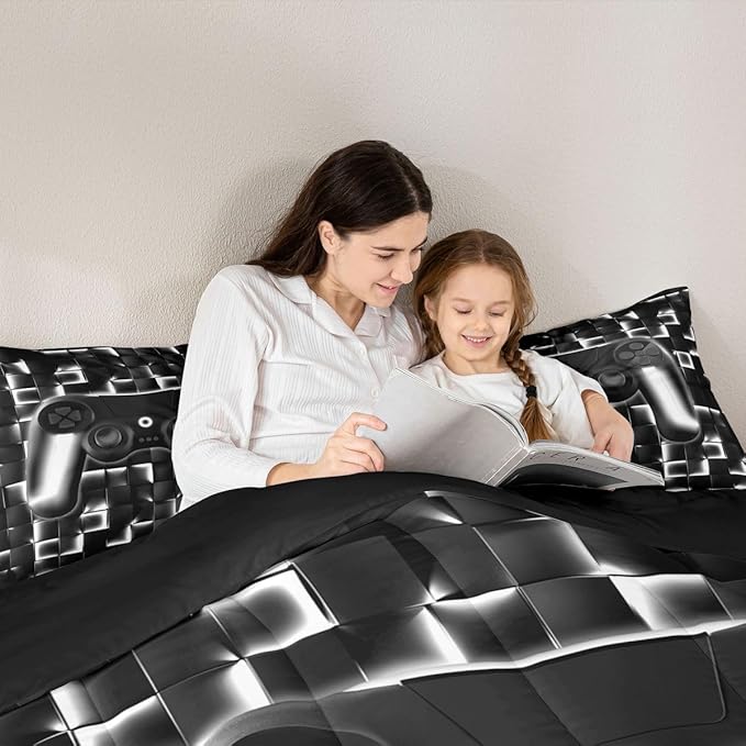 Erosebridal Video Game Full Boys Bedding Set Gamer Kids Comforter Geometric Gaming Bedding Comforter Teen Men Neon Lights Checkered Game Console Bed Set Black White Gradient Gamepad Quilt 3 Piece
