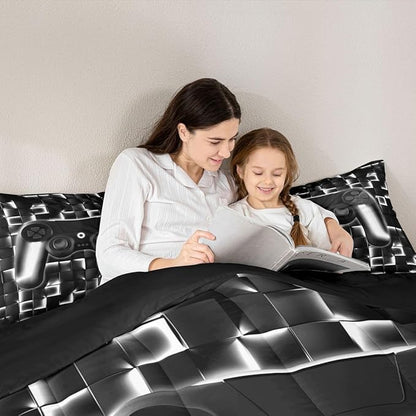 Erosebridal Video Game Queen Boys Bedding Set Gamer Kids Comforter Geometric Gaming Bedding Comforter Teen Men Neon Lights Checkered Game Console Bed Set Black White Gradient Gamepad Quilt 3 Piece