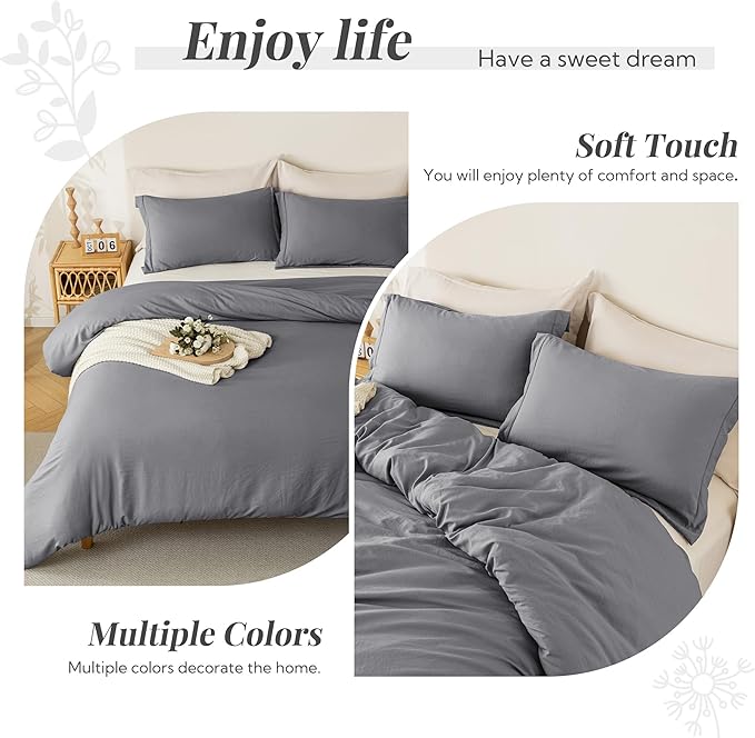 MILDLY Super Soft Duvet Cover 2pcs - 100% Washed Microfiber Dark Grey Comforter Cover Set with Zipper Closure & Corner Ties (No Comforter)