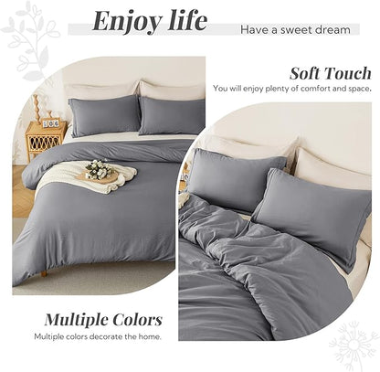 MILDLY Super Soft Duvet Cover - 100% Washed Microfiber Dark Grey Comforter Cover Set 3 Pieces with Zipper Closure & Corner Ties (No Comforter)