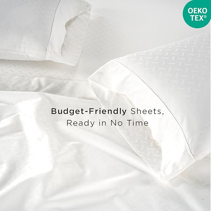 Threadmill 100% Cotton Sheets for King Size Bed | 4 Pc King Bed Sheets Set | Soft, Breathable Lightweight Damask Sateen for All-Season Use | Snug Fit Elastic Deep Pocket King Sheets | White